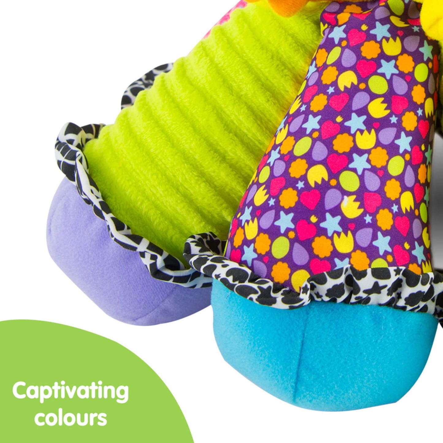 Close-up of two of the octopus legs covered in bright patterned fabric under a caption reading “Captivating colours.”