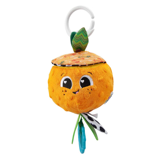 Lamaze Olive the Orange baby toy with smiling embroidered face, soft textured orange peel, patterned leaf and fabric top, shown with an on-the-go clip for prams and car seats.