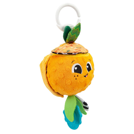 Soft orange plush baby toy with raised texture, green leaf, and patterned orange lid detail.