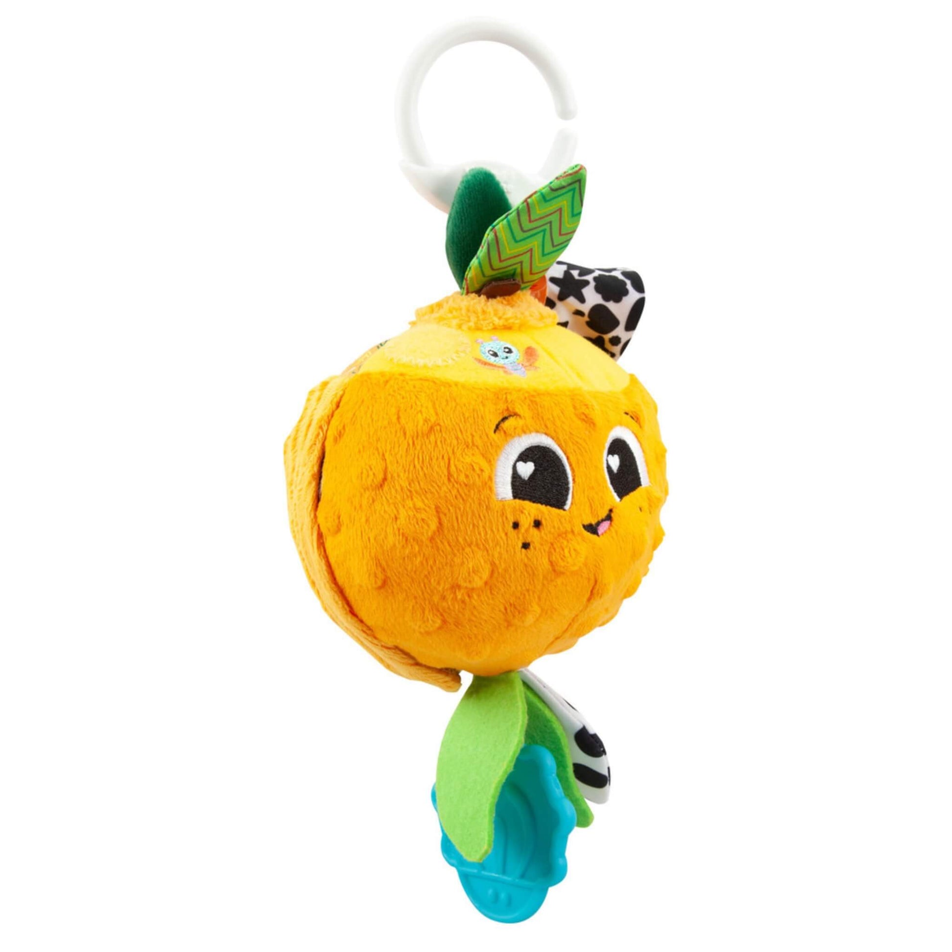 Side view of the orange baby toy showing a crinkly peel and hanging teether leaf.