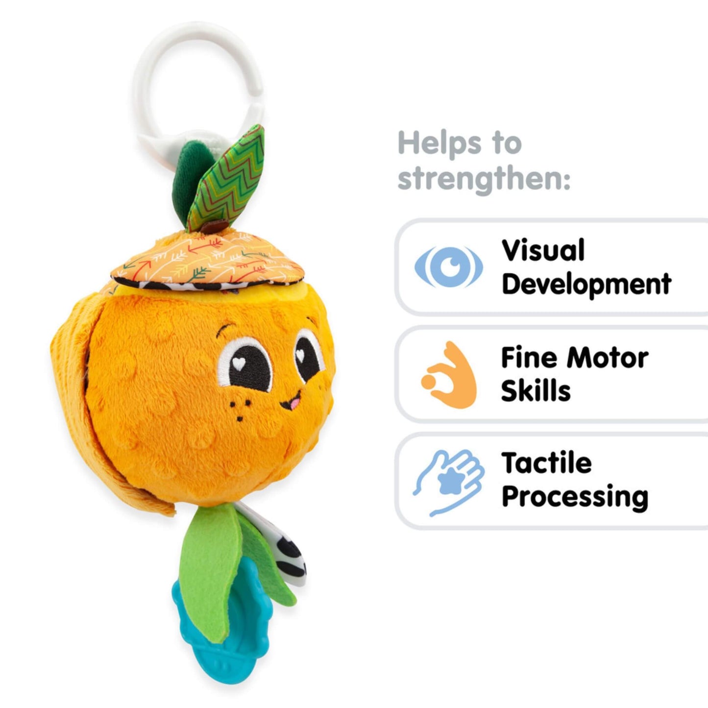 Lamaze Olive the Orange toy with visual icons showing support for visual, tactile, and fine motor development.