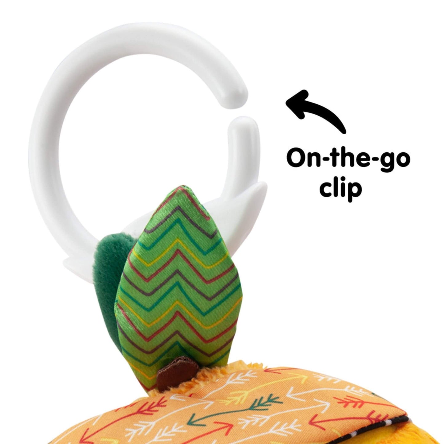 Close-up of the green leaf and clip attachment with text indicating “on-the-go clip.”