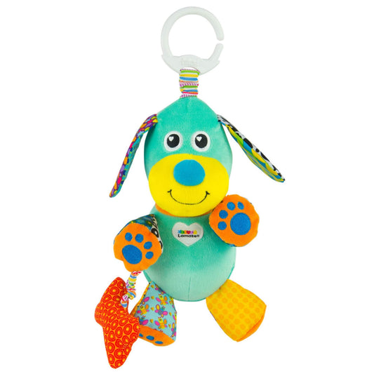 Lamaze Pupsqueak baby toy featuring a soft turquoise dog with colourful ears, orange paws, and a red patterned bone, designed to attach easily to a pram or play gym.