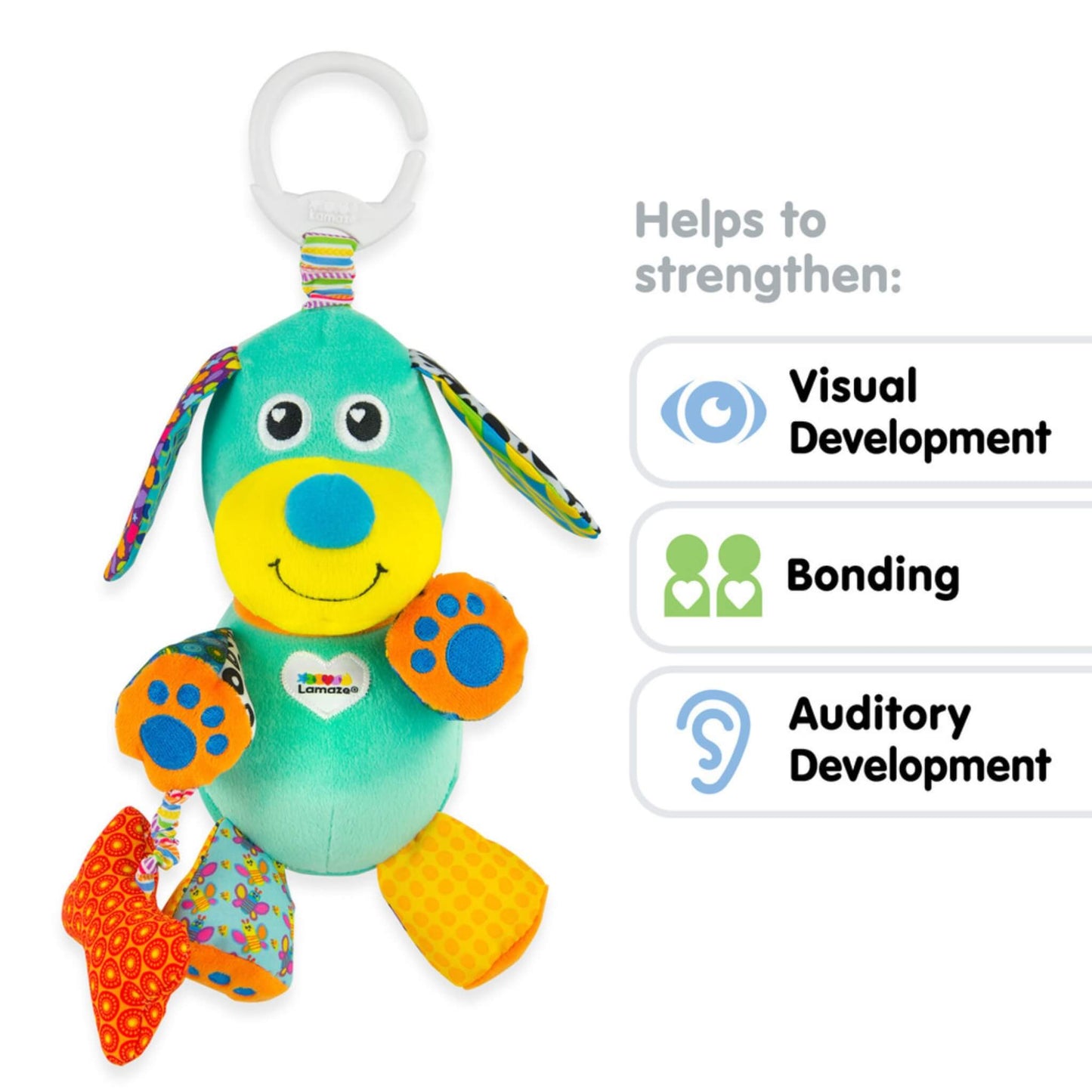 Brightly coloured plush dog toy with icons indicating support for visual, bonding, and auditory development.