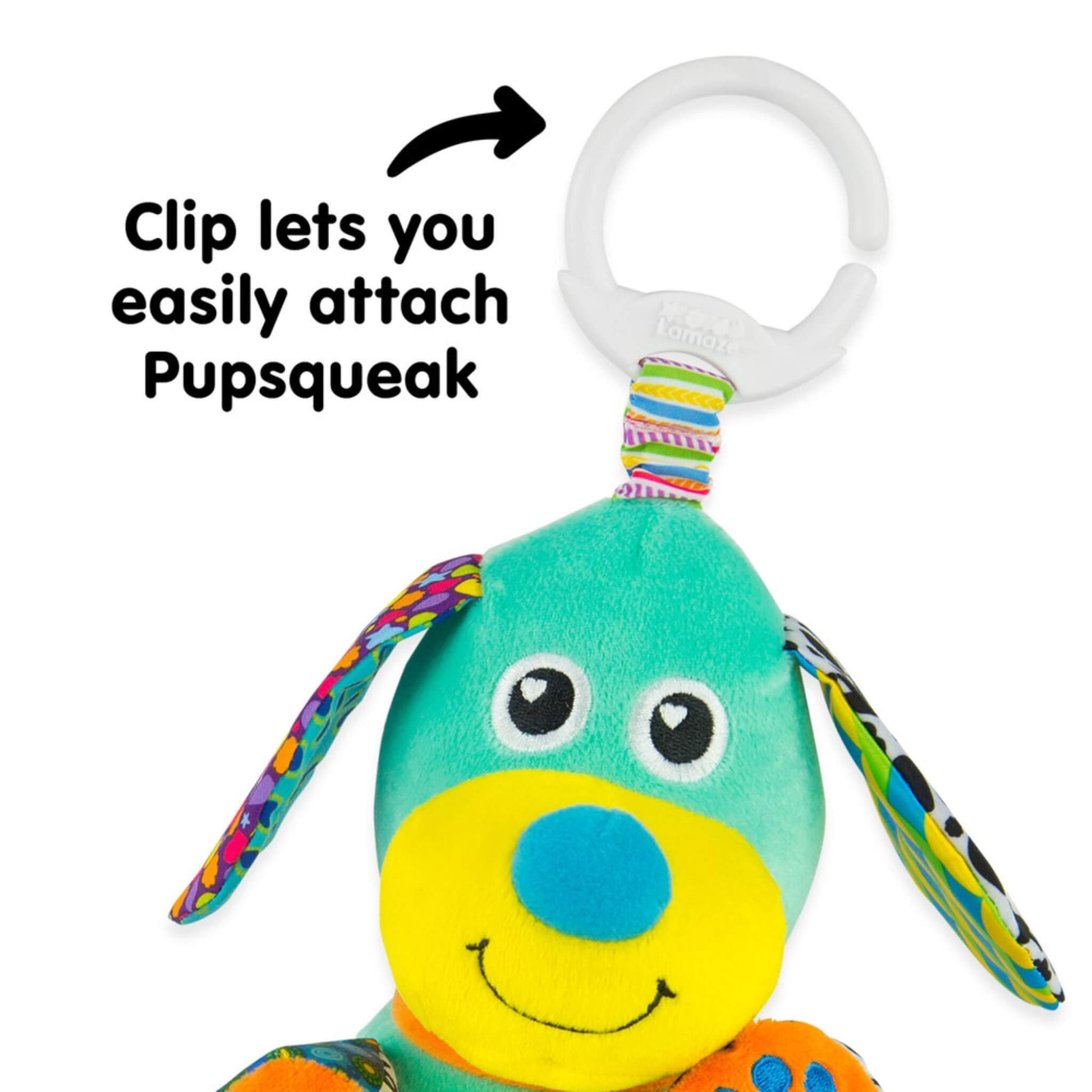 Close-up of white clip showing how the Pupsqueak toy attaches securely to a pram or bag.