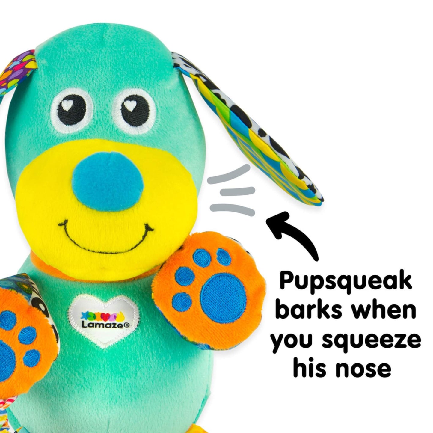 Plush puppy toy shown with text highlighting the squeaky nose feature that makes a barking sound.