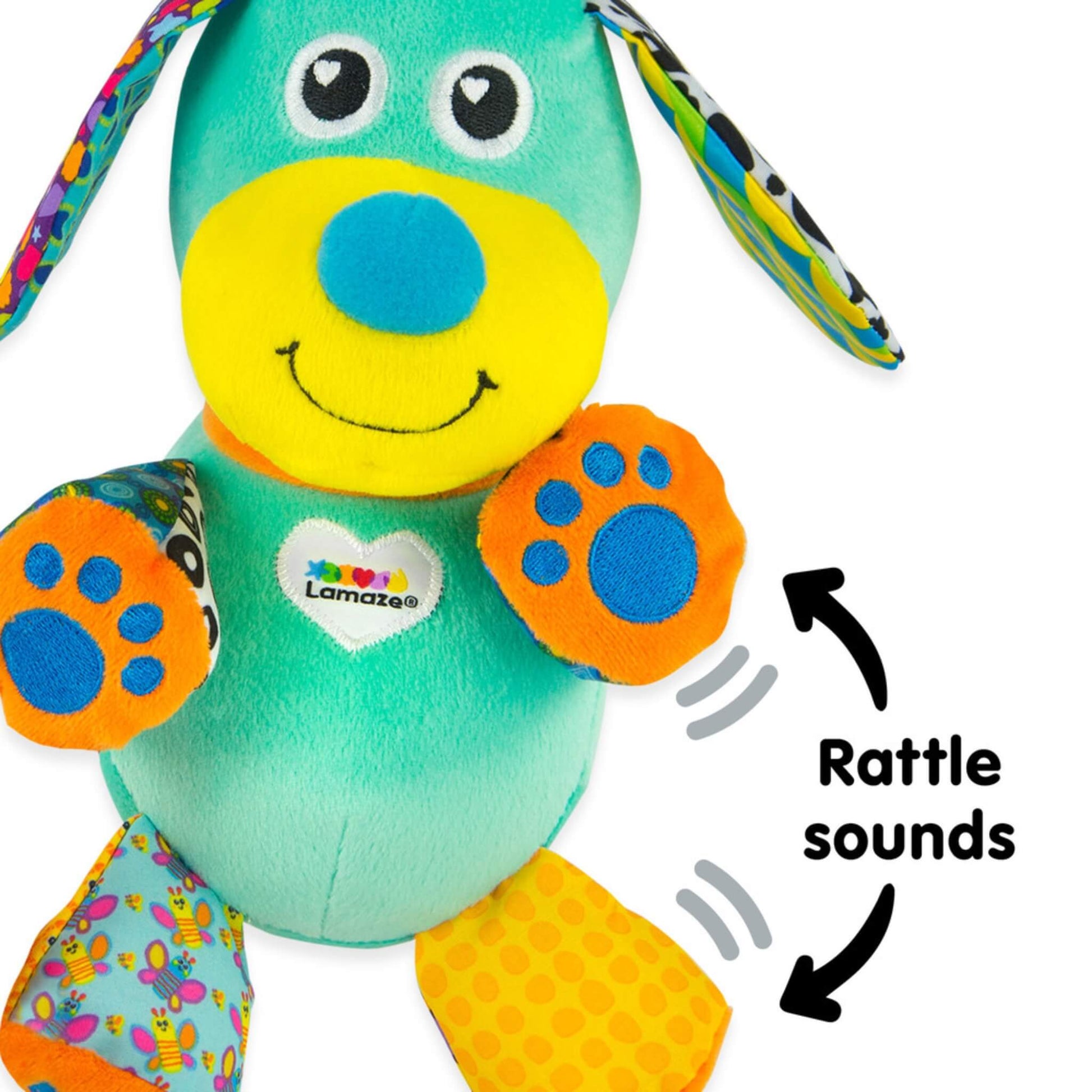 View of Pupsqueak showing the soft body and rattle sounds in the arms for sensory play.