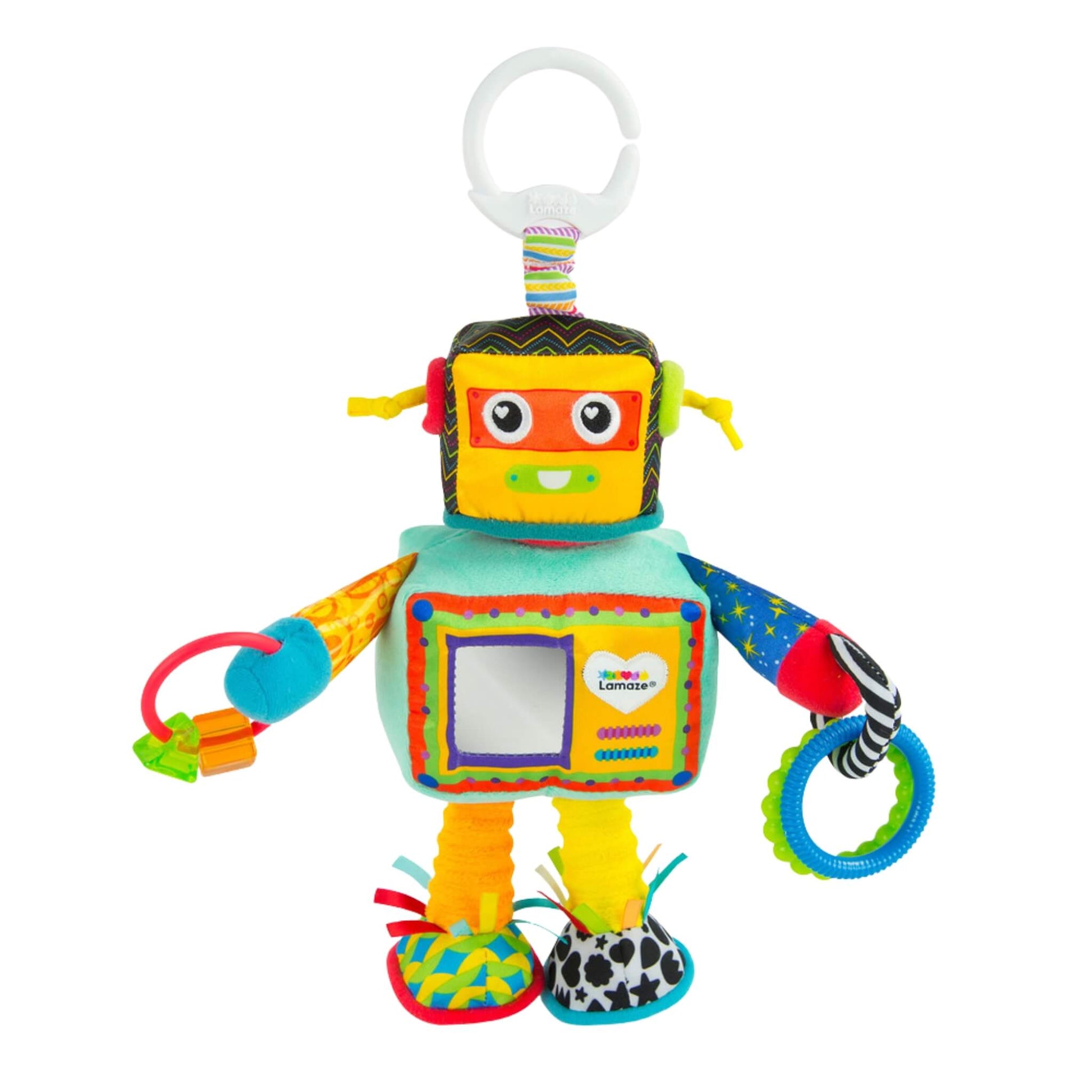 Lamaze Rusty the Robot baby toy shown upright with a smiling robot face, soft cube-shaped body, and colourful arms and legs made from patterned fabrics. A white clip at the top allows easy attachment to a pram or play gym.