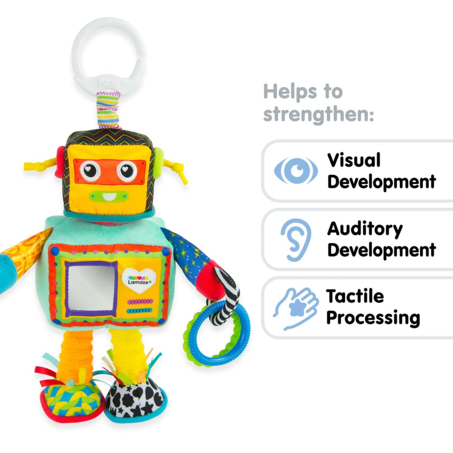 Soft sensory robot toy displayed against a white background beside icons showing it supports visual, auditory, and tactile development through play.