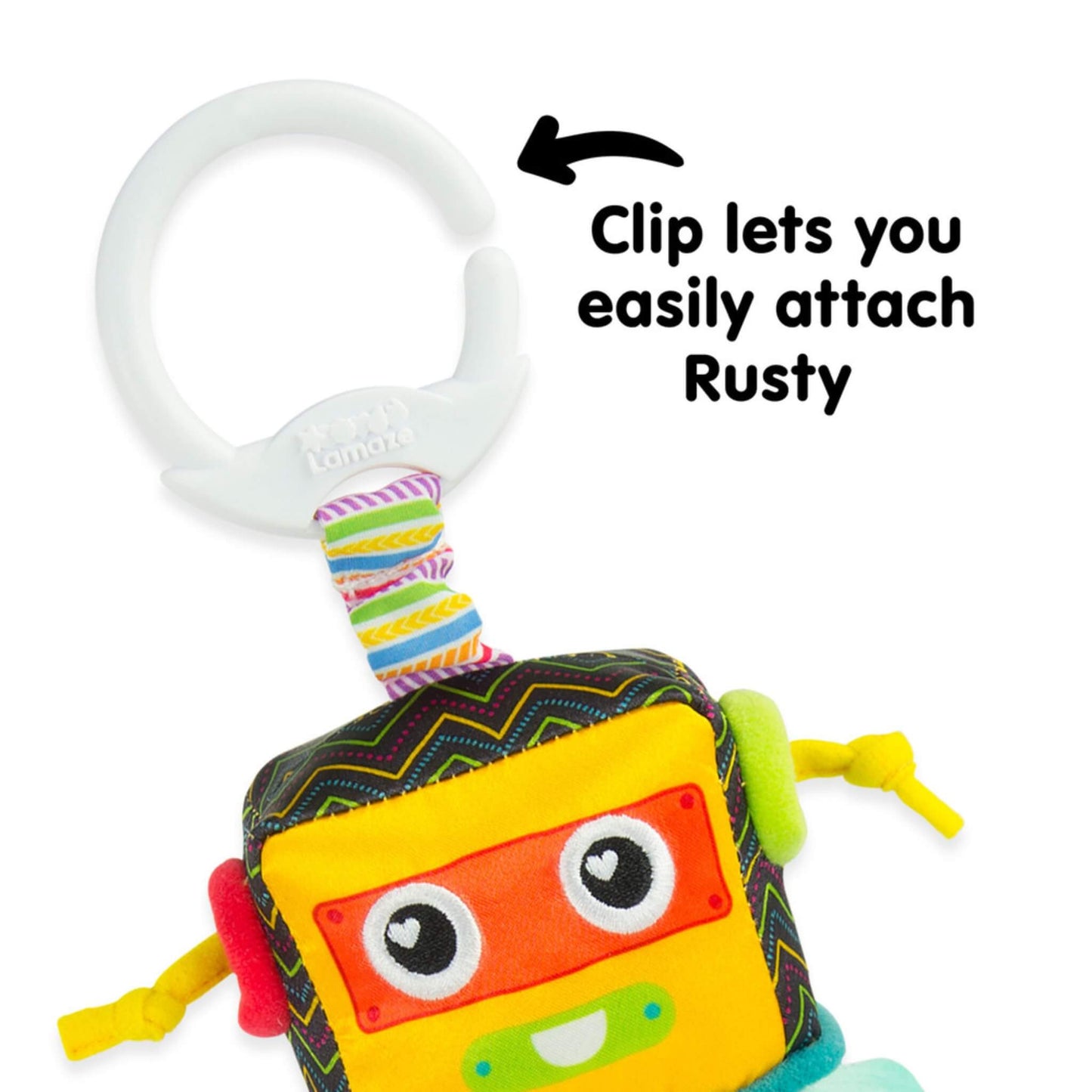 Close-up of a toy robot’s head and upper clip, showing the bright patterned details and easy-attach plastic clip designed to hook onto a pram, car seat, or bag.