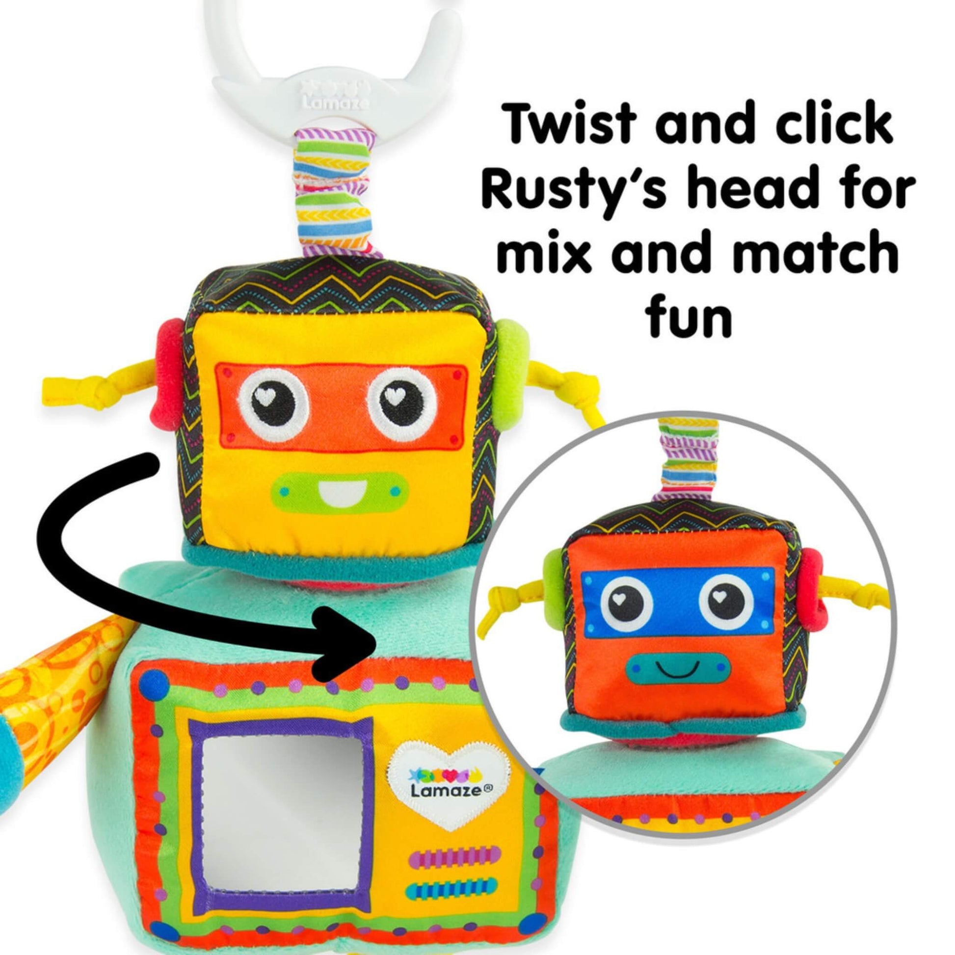 Robot toy with its head shown twisted to reveal a different face, illustrating the mix-and-match play feature that encourages curiosity and fine motor skills.