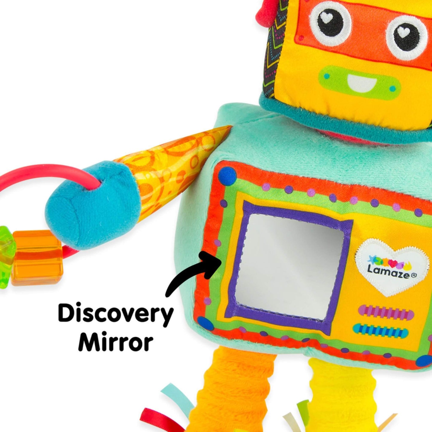 Soft toy robot with a small mirror panel on its chest, surrounded by colourful stitching and patterns designed to attract a baby’s gaze and spark curiosity.