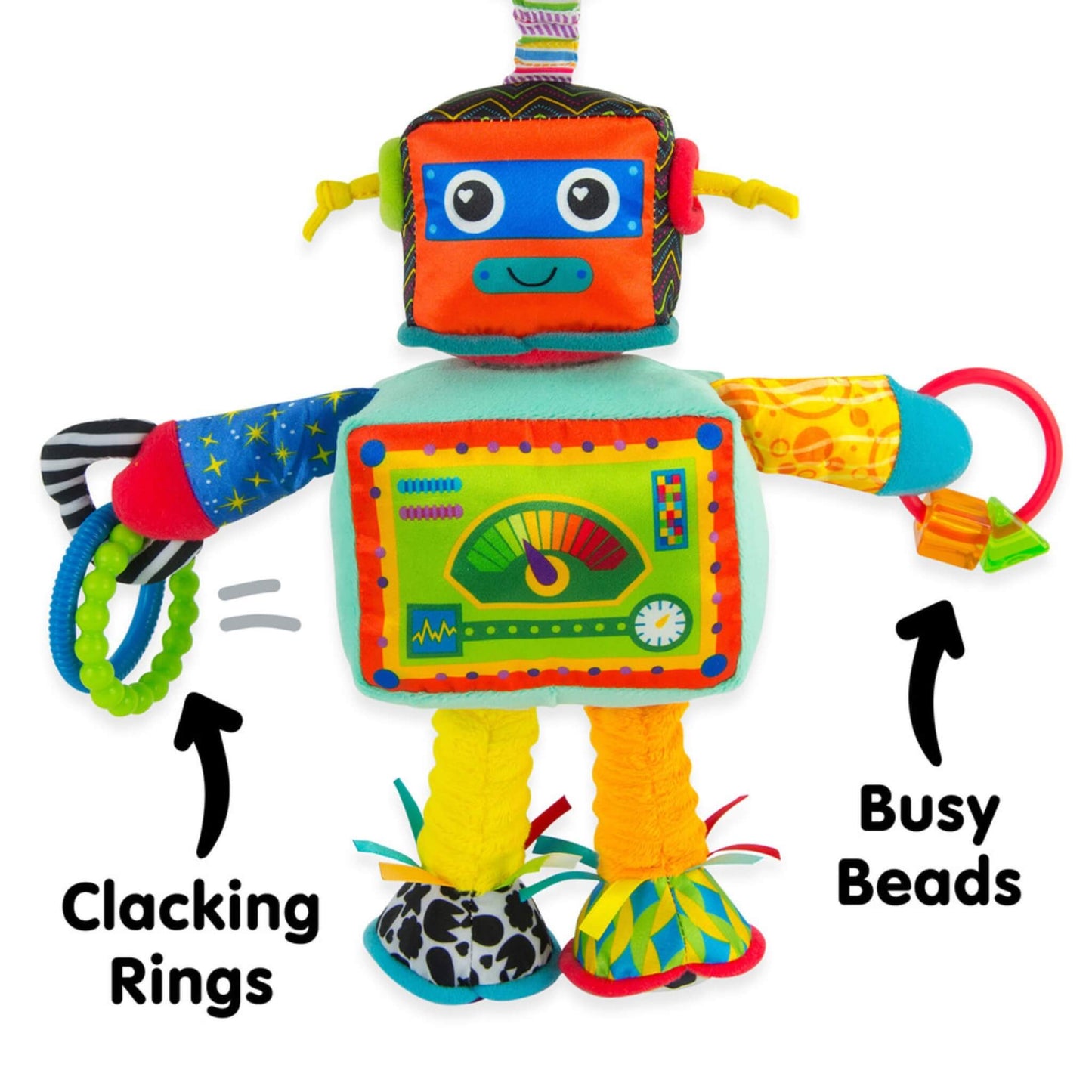 Robot toy with clacking rings and busy beads attached to its arms, shown from behind to highlight the various textures and movable parts for sensory play.