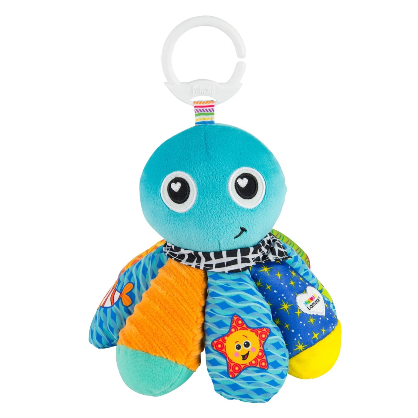 Lamaze Salty the Octopus soft baby toy with bright blue head and patterned tentacles, shown with clip for attaching to a pram or play gym.