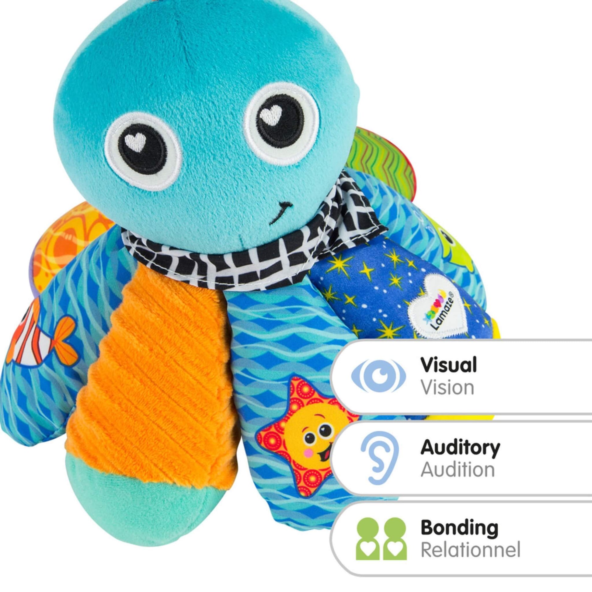 Close-up of a colourful octopus baby toy with patterned tentacles, showing fabric textures and stitched starfish design on one leg.