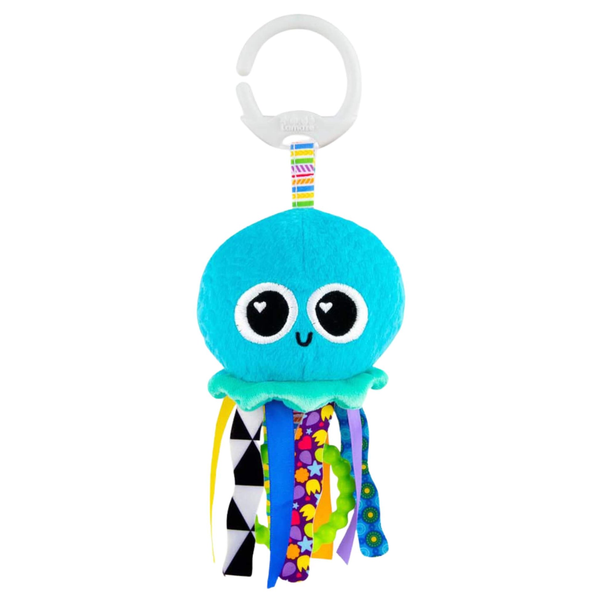 Lamaze Sprinkles the Jellyfish Mini baby toy featuring a smiling turquoise jellyfish with ribbon tentacles in bright colours and patterns, designed for sensory play and easy attachment with a white clip.