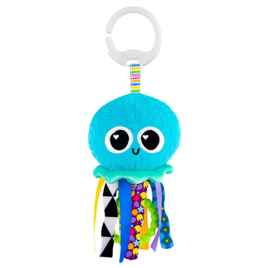 Lamaze Sprinkles the Jellyfish Mini baby toy featuring a smiling turquoise jellyfish with ribbon tentacles in bright colours and patterns, designed for sensory play and easy attachment with a white clip.