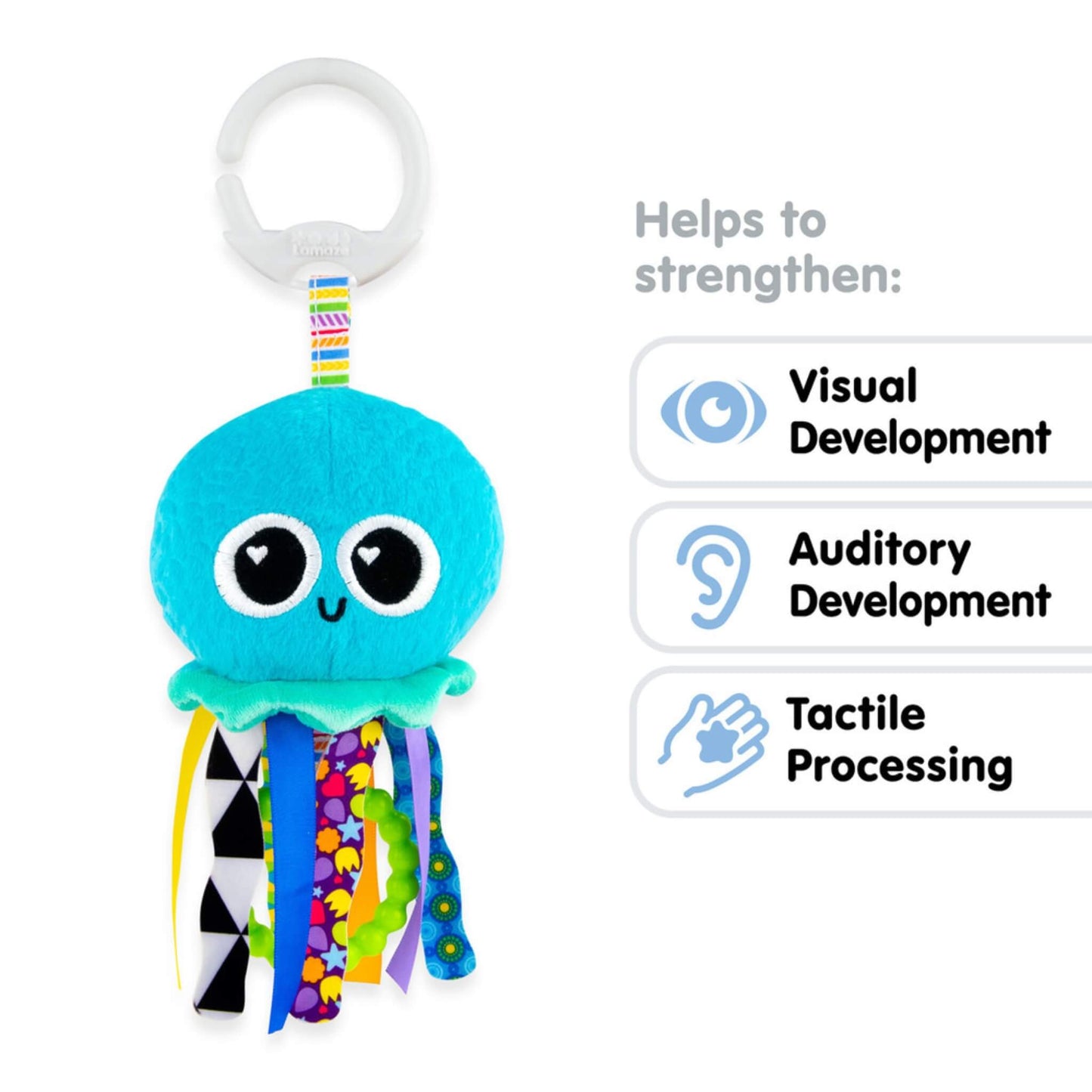 Turquoise jellyfish baby toy hanging upright, showing its smiling face, soft fabric body and a variety of brightly patterned ribbon tentacles designed to encourage visual focus and tactile discovery.