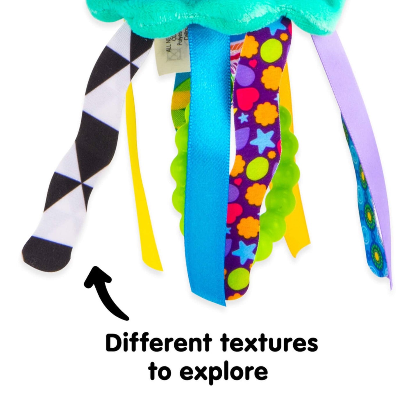 Close view of colourful ribbon tentacles with contrasting textures, including smooth satin, soft fabric and black-and-white geometric patterns, promoting tactile exploration for babies.