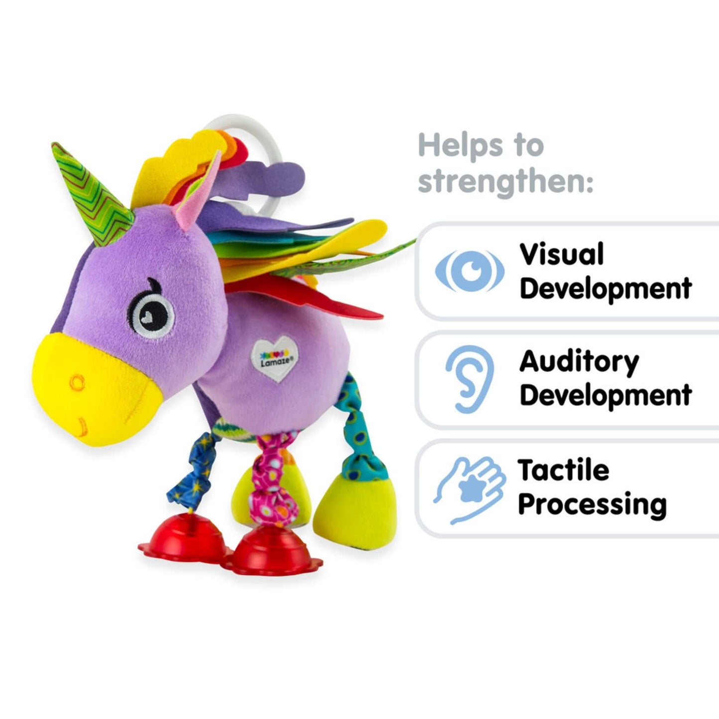 Purple unicorn baby toy shown next to illustrated text listing sensory benefits for visual, auditory and tactile development.