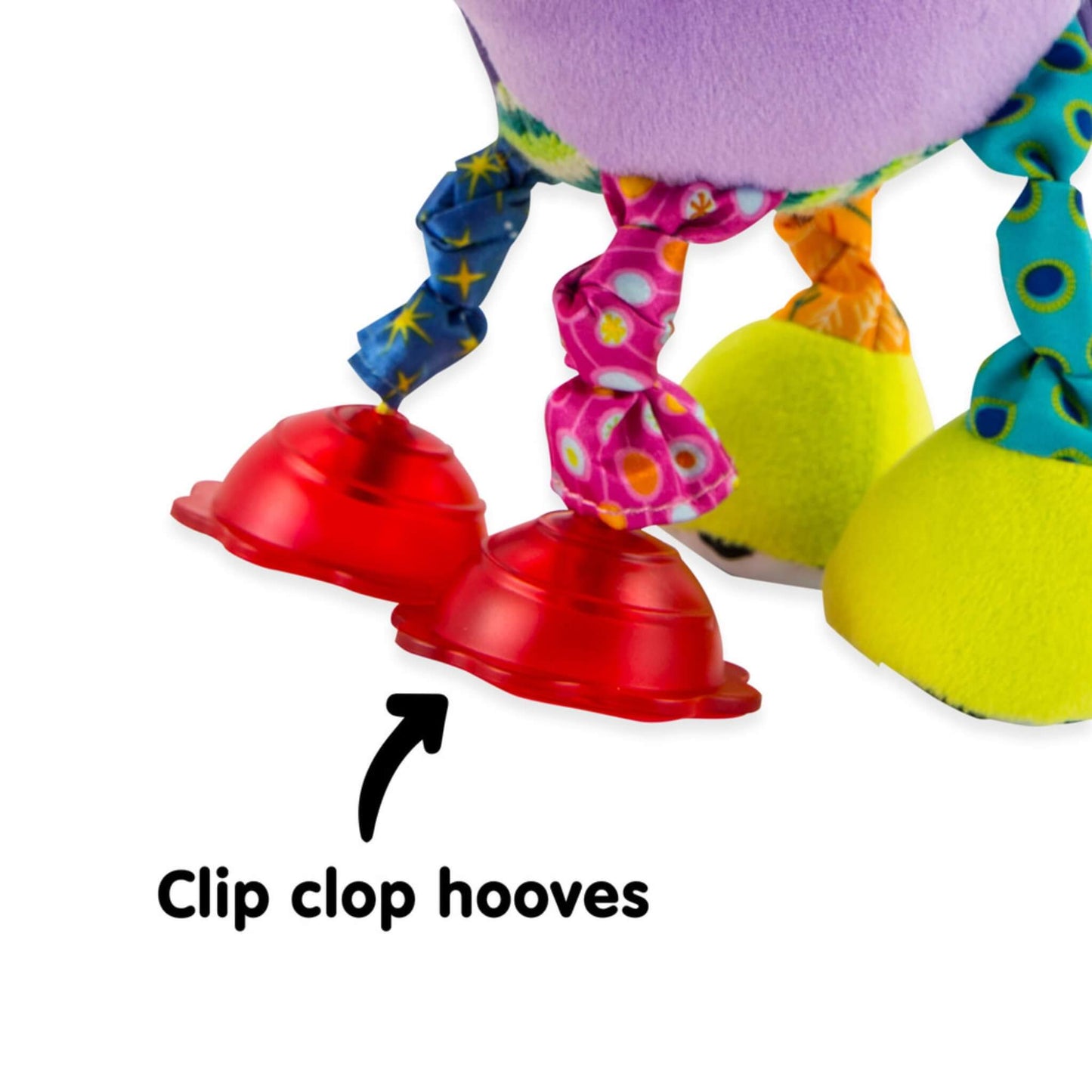 Close-up of red plastic hooves that create a clip-clop sound when the unicorn toy is moved.