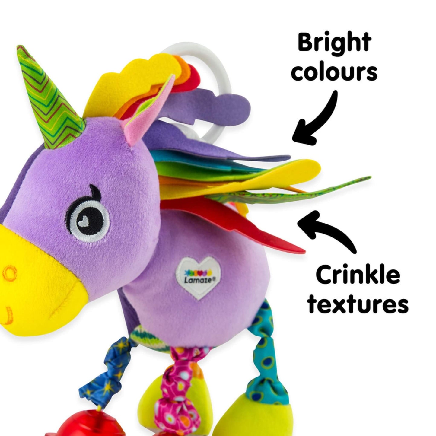 Bright yellow, red and green felt pieces form the colourful mane and tail of a soft unicorn baby toy.