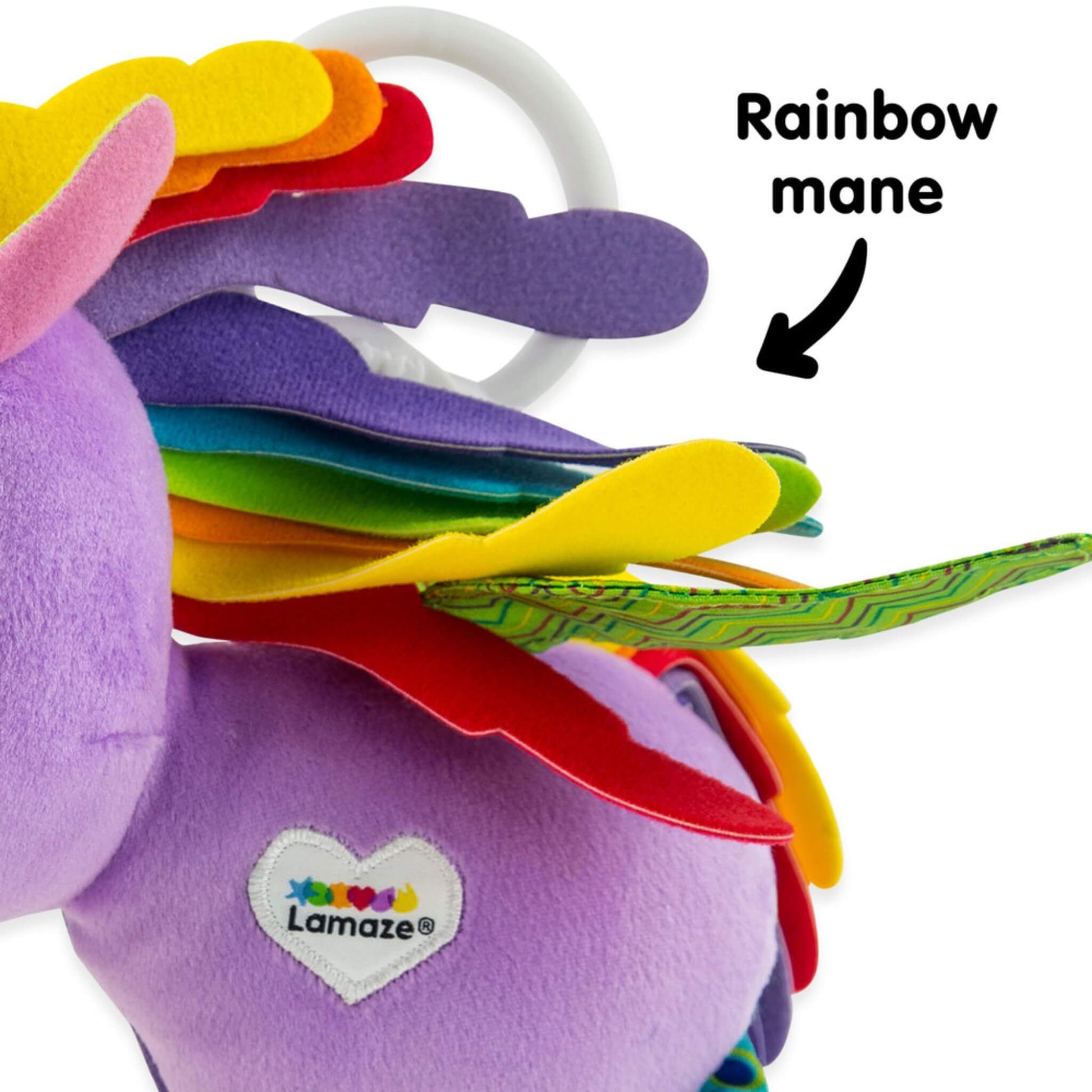Layered rainbow mane made of soft felt in red, orange, yellow, green, blue and purple.
