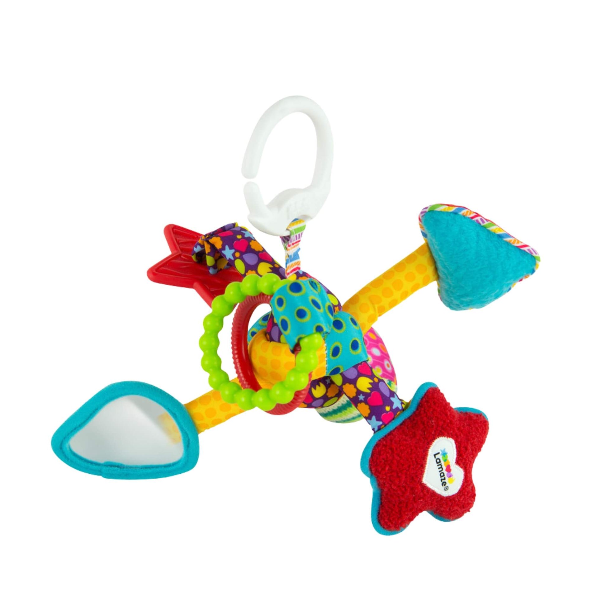 Lamaze Tug and Play Knot baby toy featuring multiple textured arms, bright colours and clacking rings to support early sensory exploration.