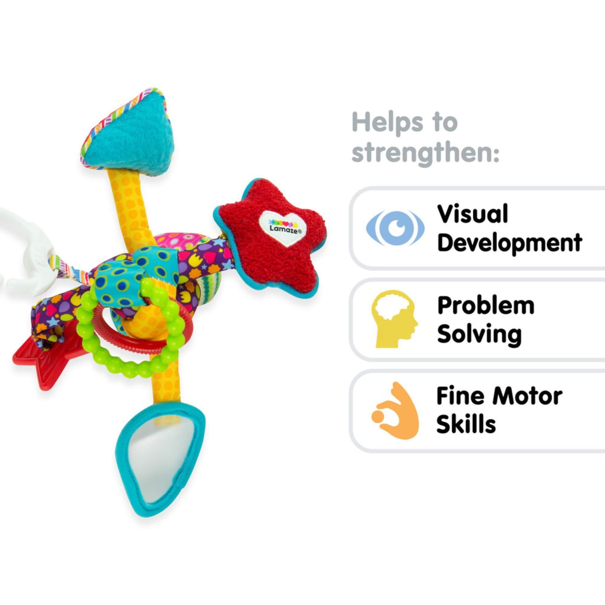 Colourful baby toy with soft arms, mirror and rings beside illustrated text showing benefits for visual, problem-solving and motor skill development.