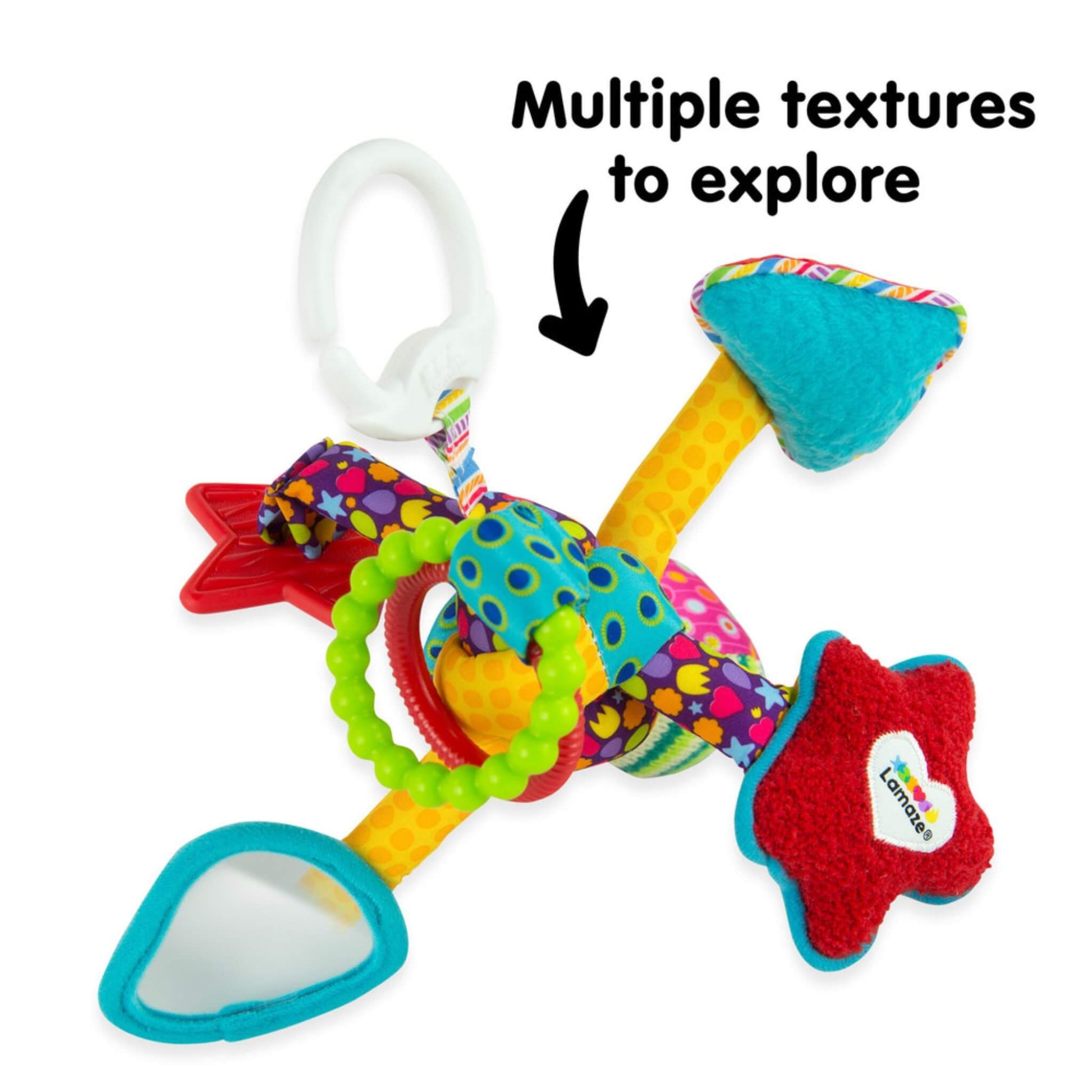 Close-up of a multi-textured baby toy with bright patterned arms, a soft star, and a mirror for sensory discovery.