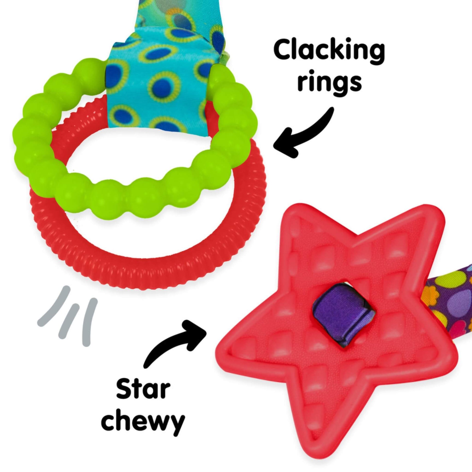 Red star-shaped teether and green clacking rings connected to a soft patterned fabric knot toy for babies.