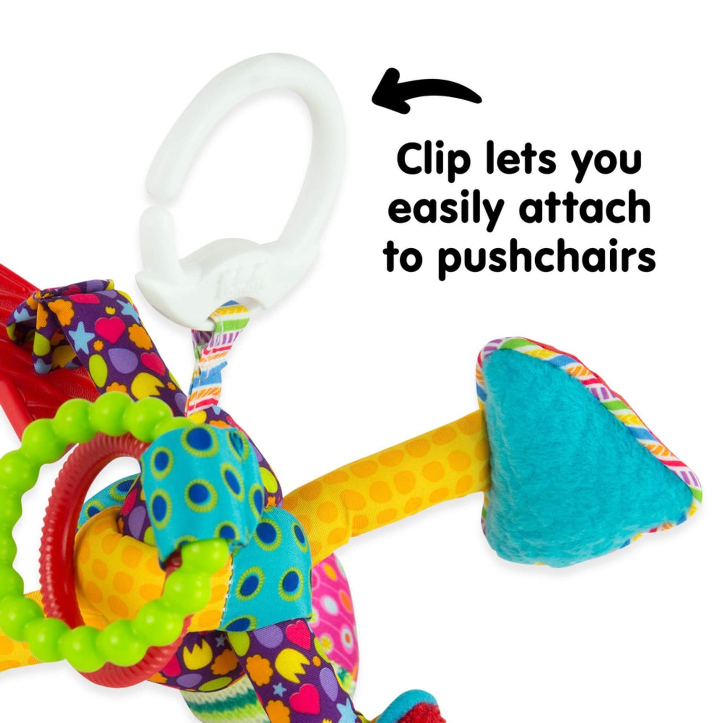 White clip attached to a colourful baby toy for easy fastening to pushchairs, car seats or bags.