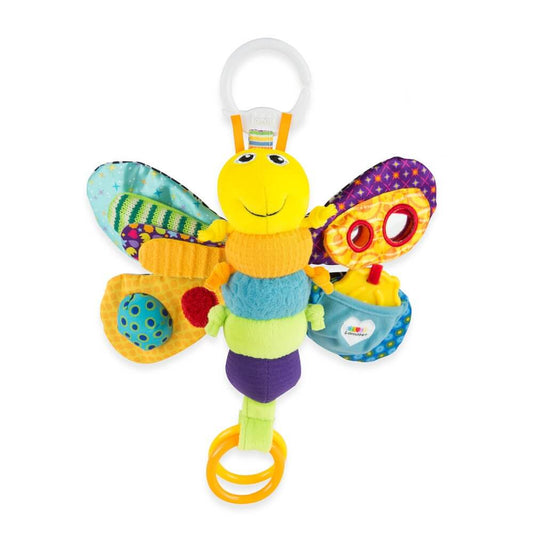 Features a soft velour body with wings with peek-a-boo mirror. Different textures squeaker and crinkles. Also has clinking rings tethered ladybug teether and knotted antennare for chewing.