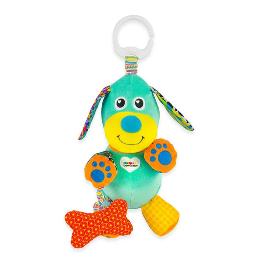 Take along anywhere. Press his nose to hear him bark. Squeaks crinkles and rattles. A plastic clip makes him easy to attach anywhere. Suitable from birth.