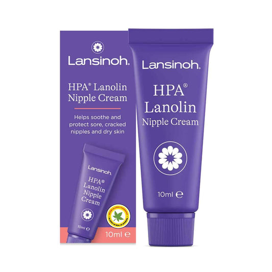 Lansinoh HPA Lanolin Nipple Cream 10ml tube shown beside packaging, designed to soothe and protect sore, cracked nipples and dry skin during breastfeeding.