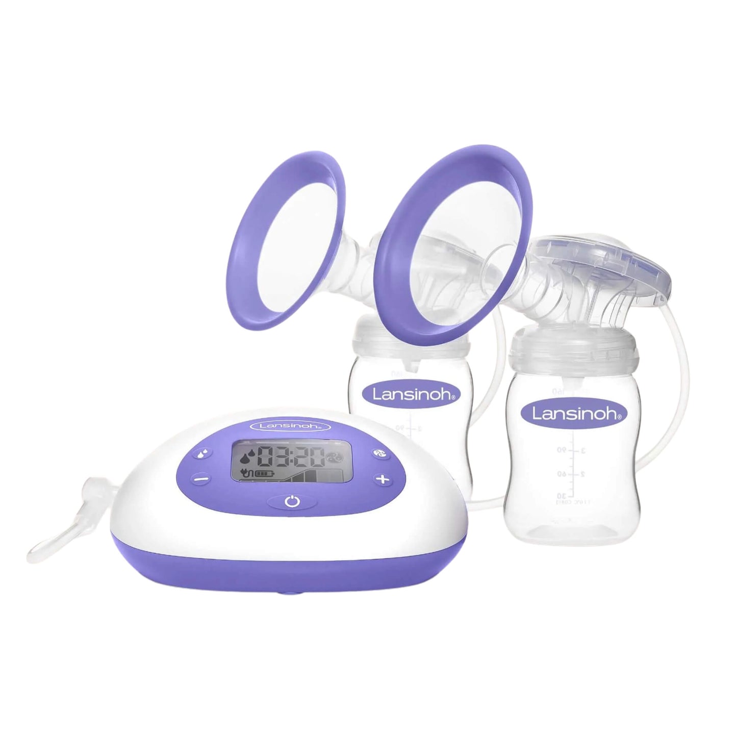 Lansinoh 2-in-1 Double Electric Breast Pump with bottles and ComfortFit breast cushions, featuring dual pumping option and digital control display for efficient milk expression.