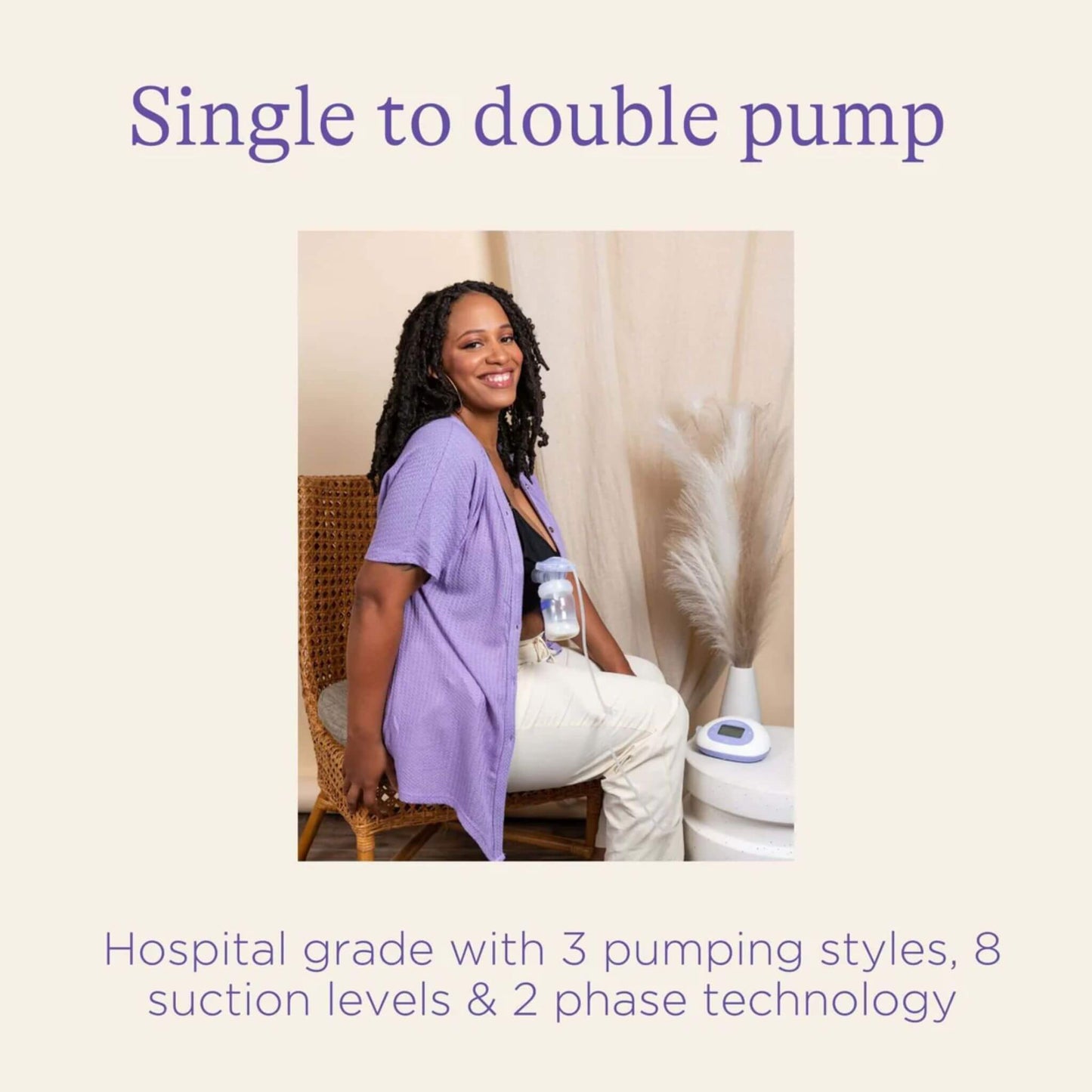 Mother using a breast pump while sitting comfortably, demonstrating single to double pump conversion and adjustable suction levels for a hospital-grade experience.