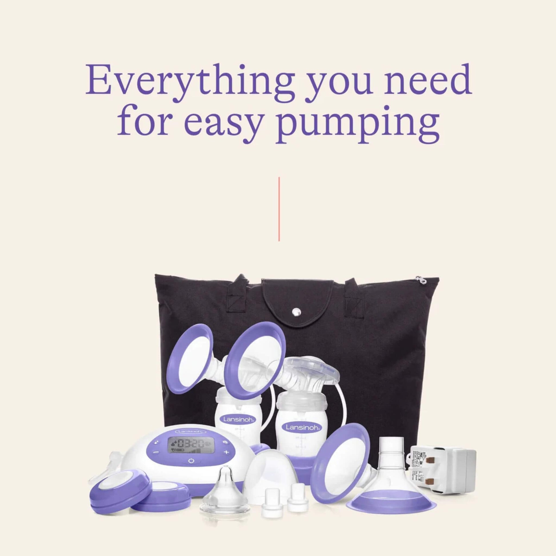 Complete Lansinoh breast pump kit with bottles, cushions, charger and black storage bag, showing all components included for convenient pumping and travel.