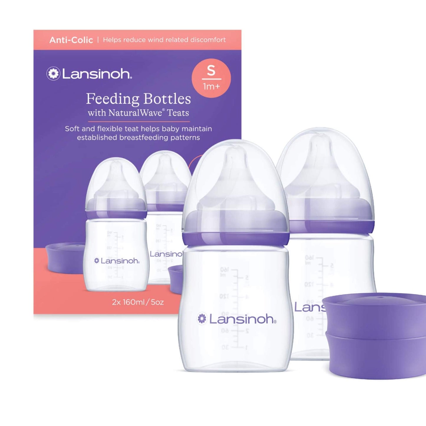 Lansinoh Feeding Bottles with NaturalWave teats twin pack shown with retail packaging, featuring two 160 ml anti-colic feeding bottles with slow flow teats and protective caps.