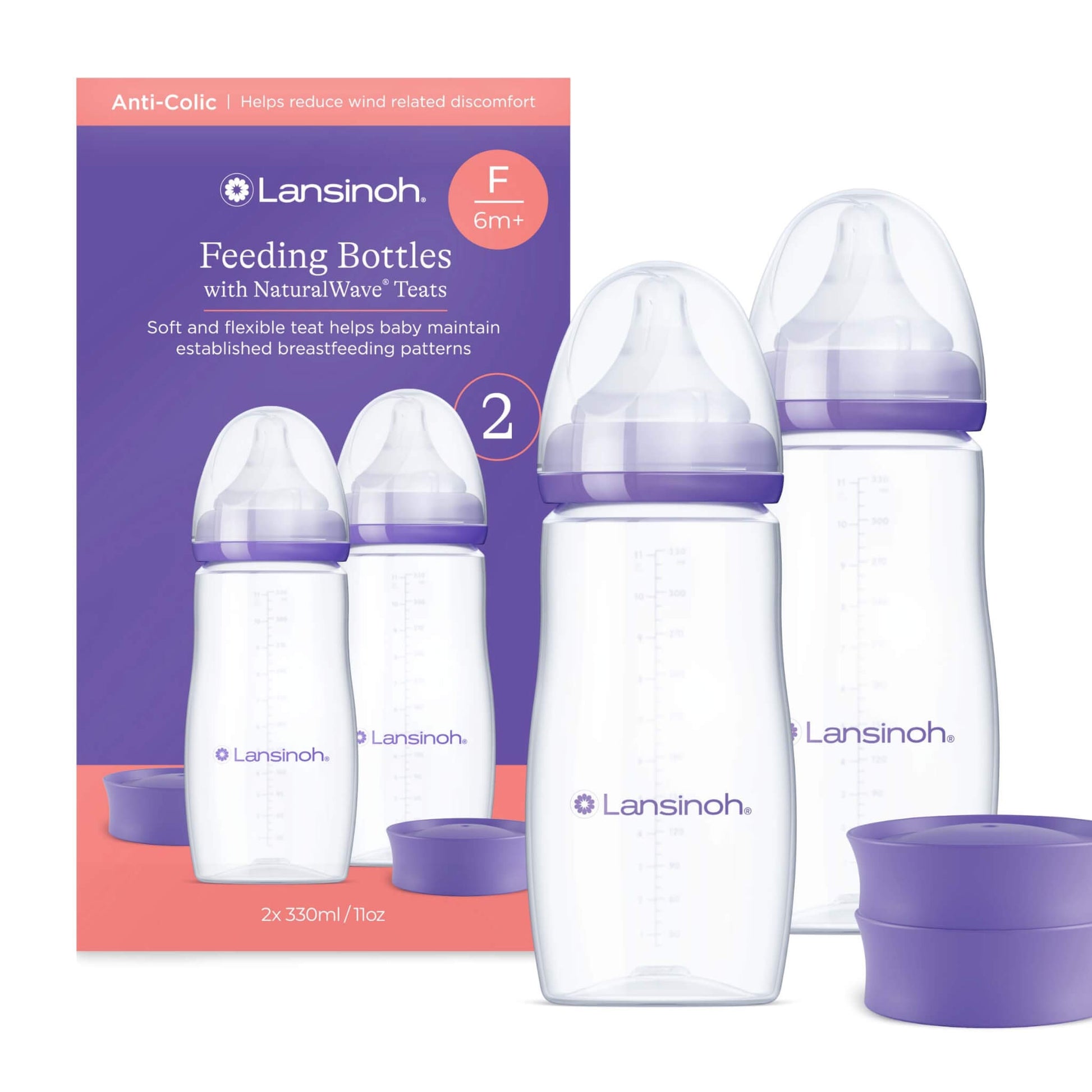 Lansinoh Feeding Bottles with NaturalWave teats twin pack shown with retail packaging, featuring two 330 ml anti-colic feeding bottles with fast flow teats and protective caps.