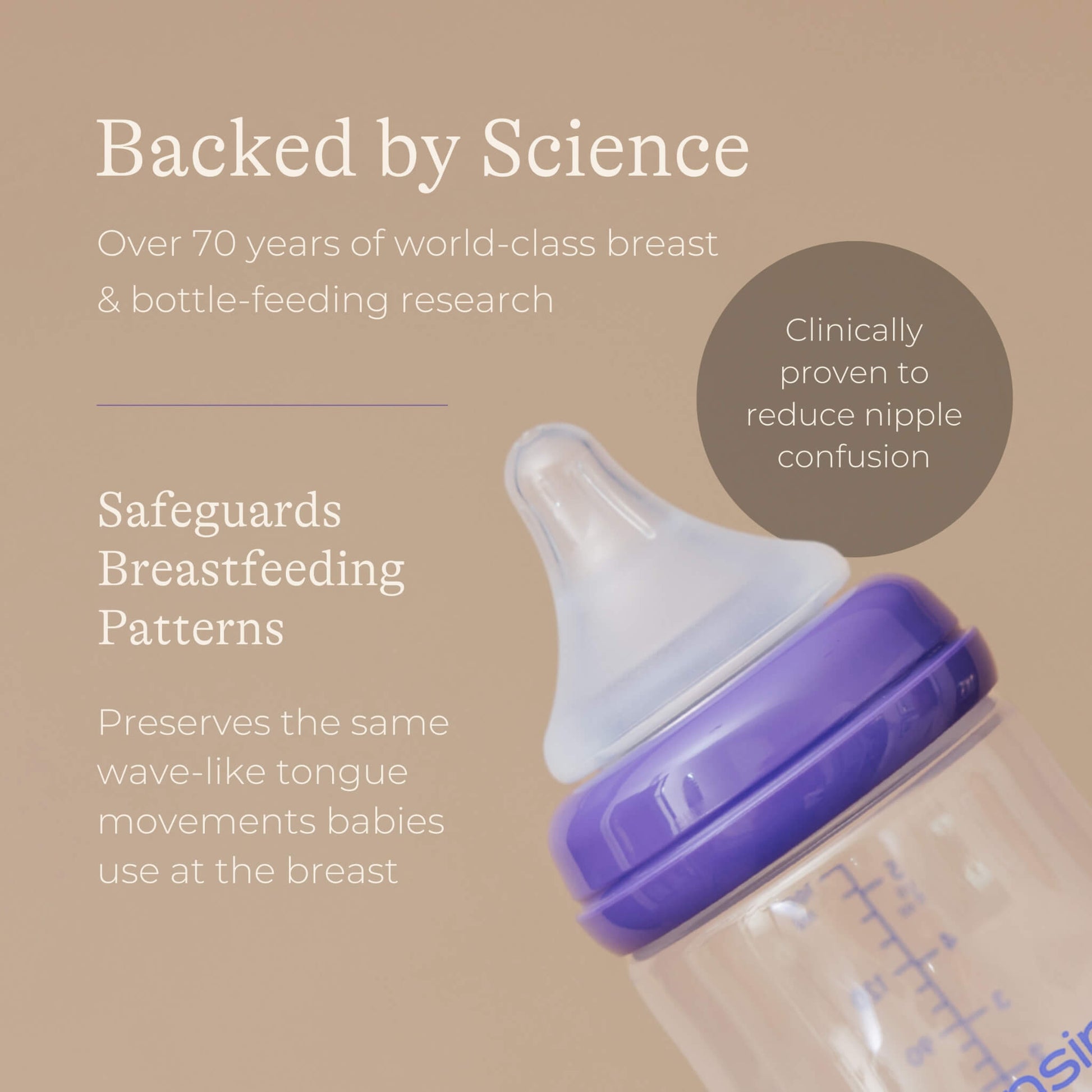 Feeding bottle shown at an angle with information about breastfeeding research and teat design intended to support natural tongue movements during feeding.
