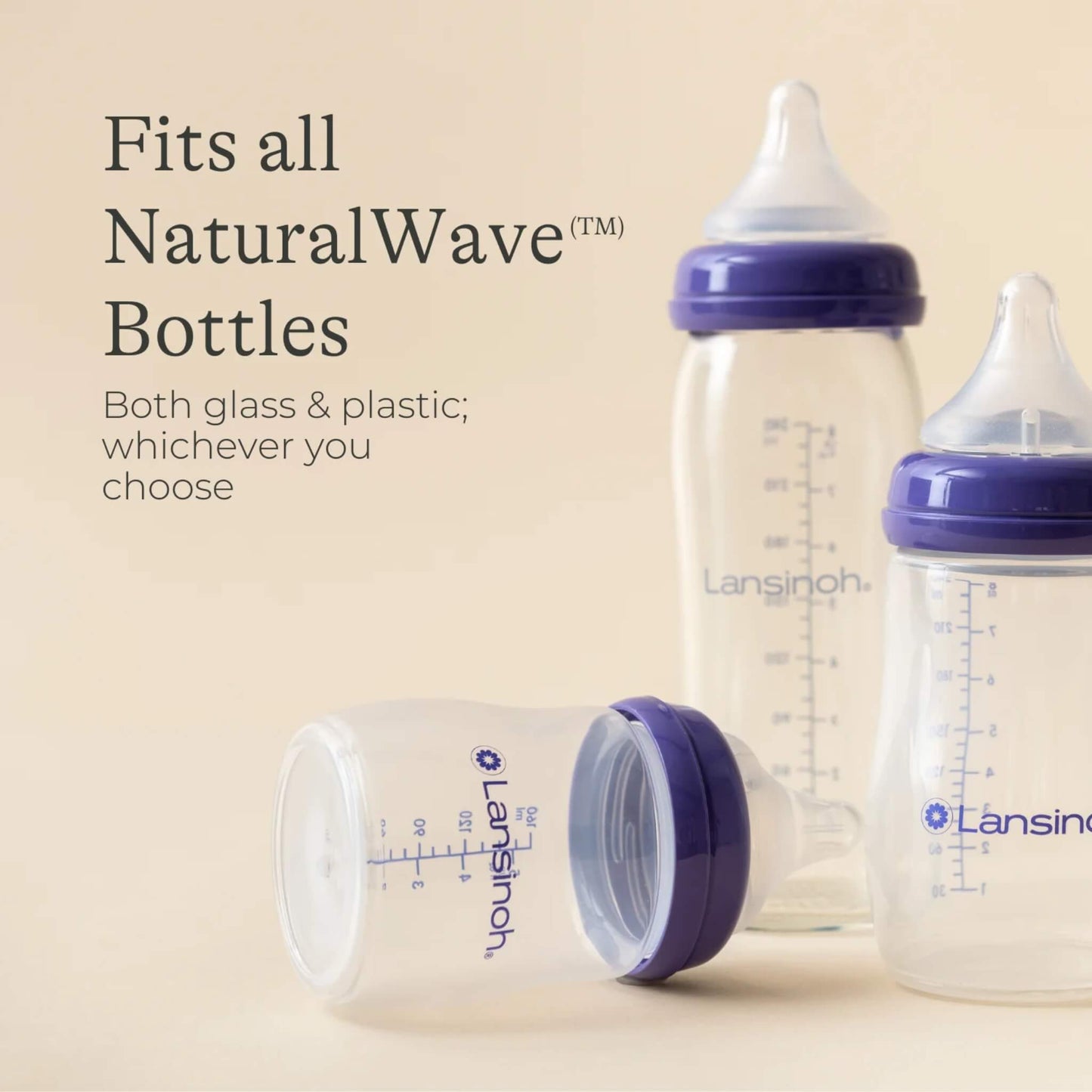 Three Lansinoh feeding bottles shown upright and laid down to demonstrate compatibility of NaturalWave teats across both glass and plastic bottle ranges.