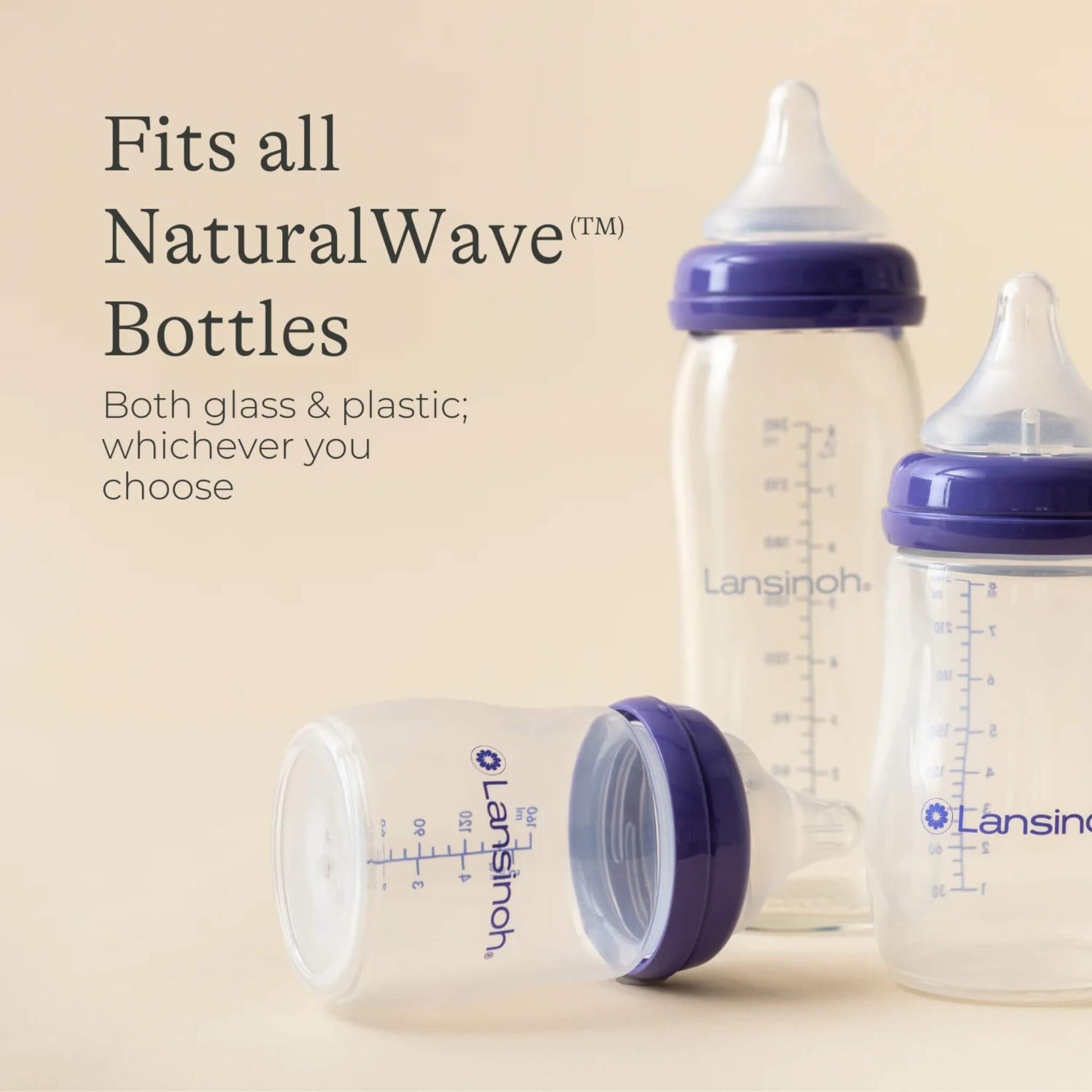 Three Lansinoh feeding bottles shown upright and laid down to demonstrate compatibility of NaturalWave teats across both glass and plastic bottle ranges.