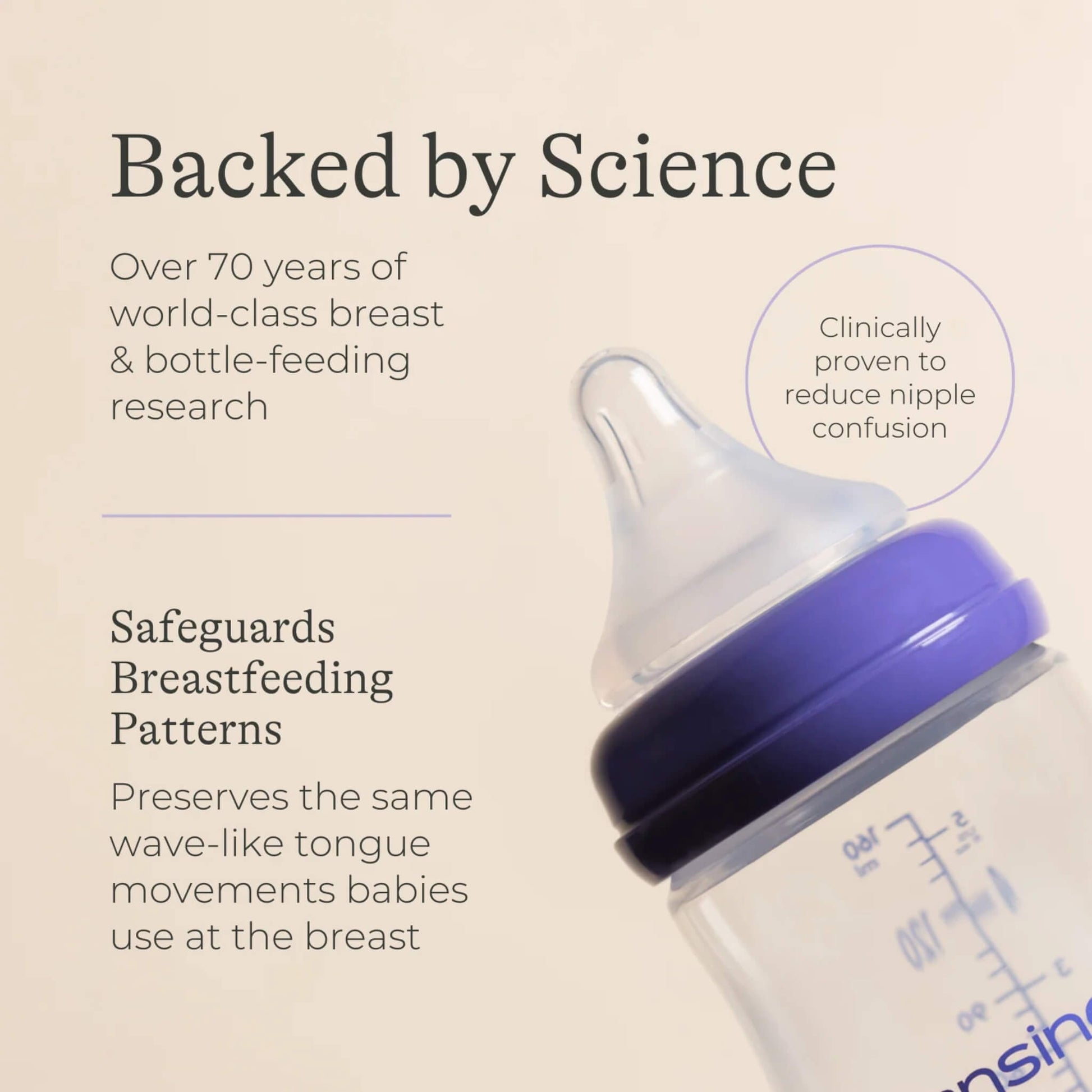 Close-up of a bottle teat attached to a feeding bottle with information panels describing breastfeeding support and clinically tested feeding design.