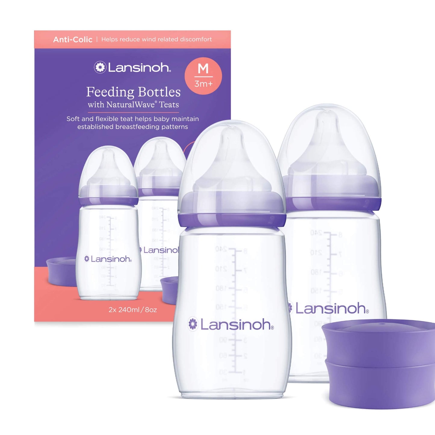 Lansinoh Feeding Bottles with NaturalWave teats twin pack shown with retail packaging, featuring two 240 ml anti-colic feeding bottles with medium flow teats and protective caps.