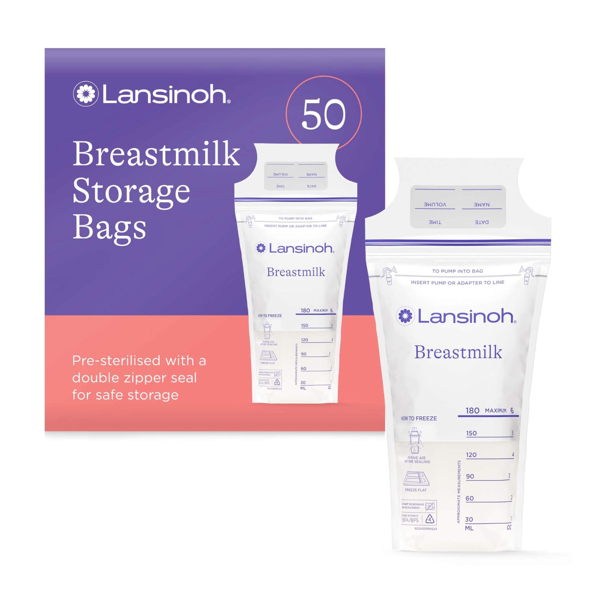 Breastmilk Storage Bags 50 pack shown in branded retail packaging with two pre-sterilised breastmilk storage bags featuring measurement markings and a double zip seal.