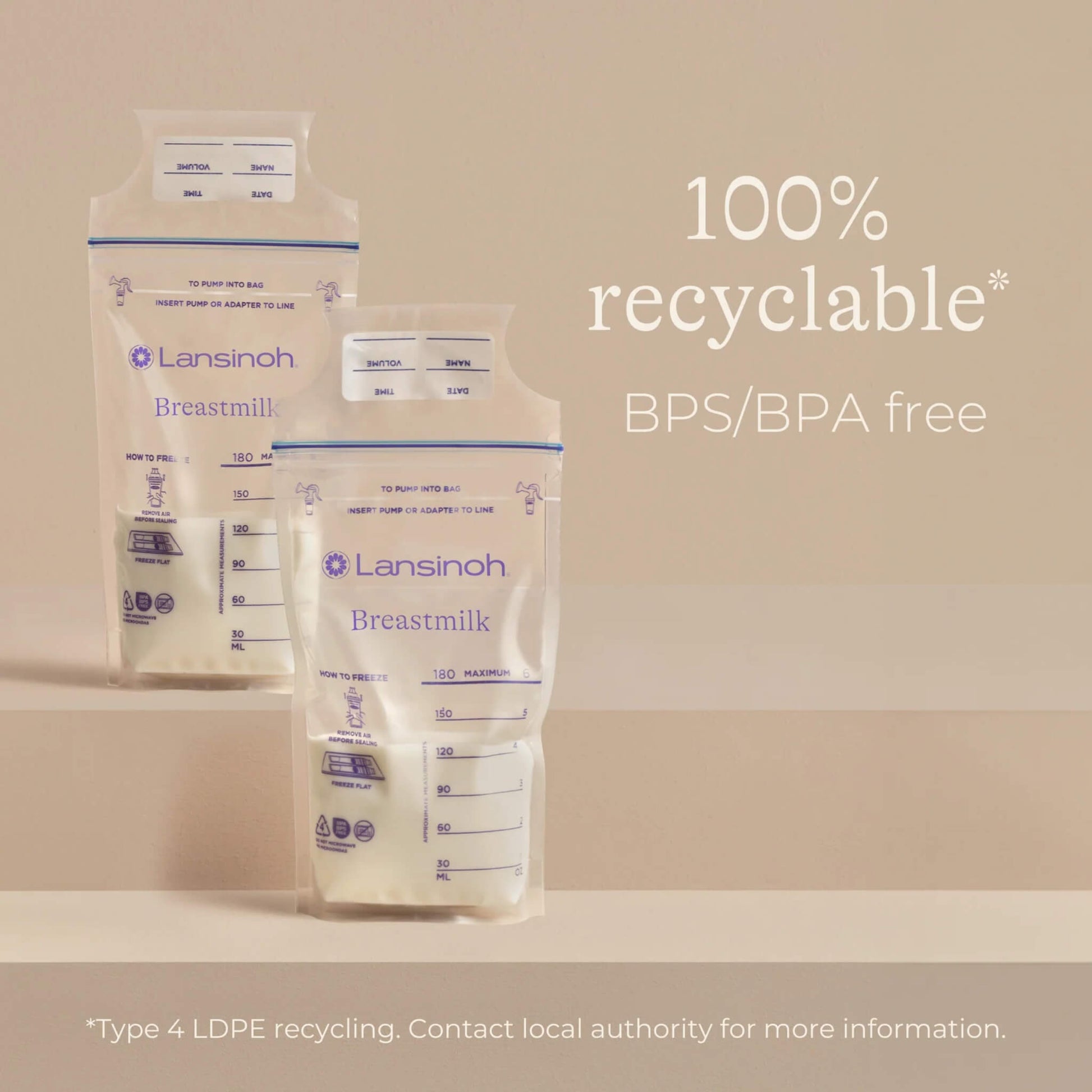 Two filled breastmilk storage bags standing upright on a neutral display surface with messaging highlighting recyclable material and BPA/BPS free construction.