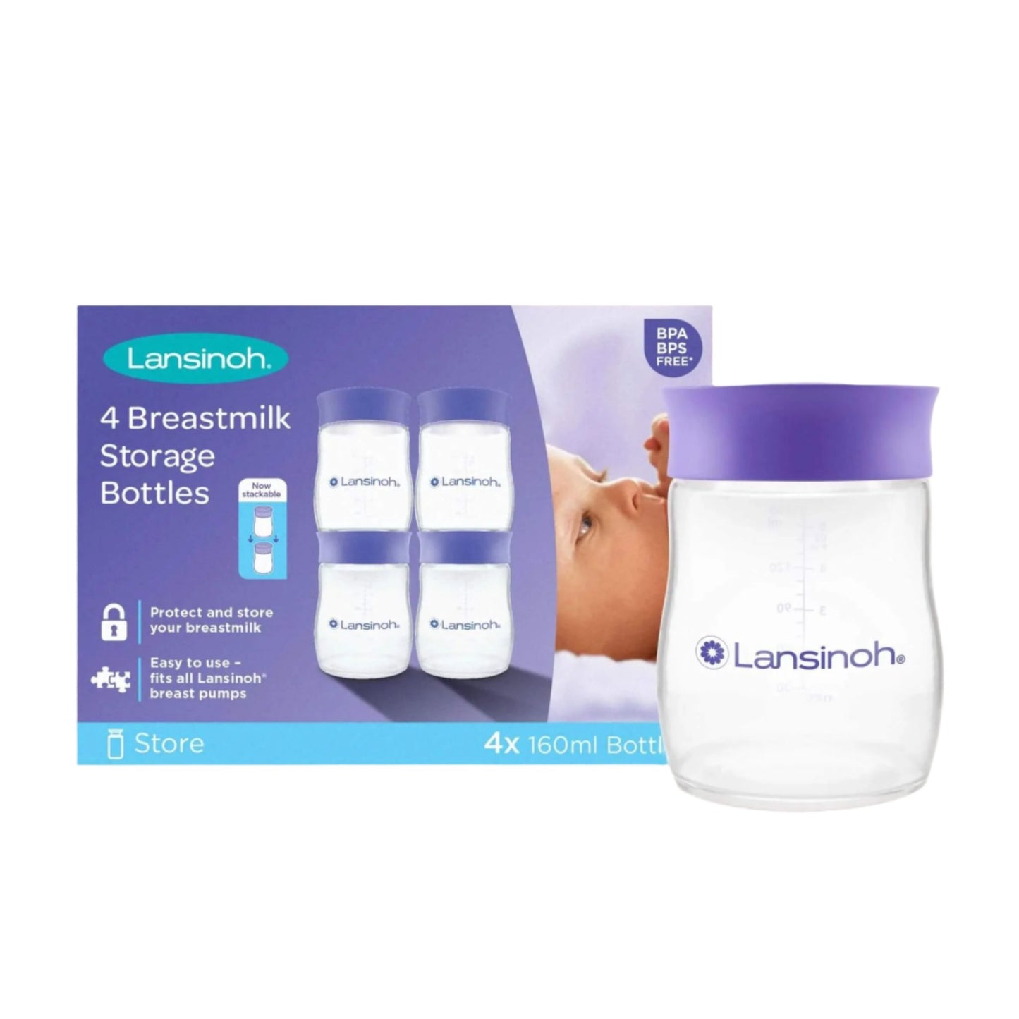 Lansinoh Breastmilk Storage Bottles packaging showing four 160ml BPA-free bottles with purple lids.