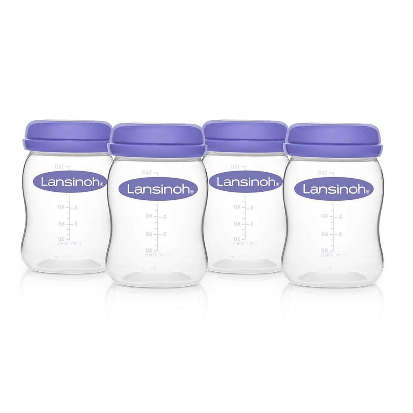 Four Breastmilk Storage Bottles with purple lids arranged in a row, each featuring measurement markings and the Lansinoh logo.