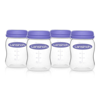 Four Breastmilk Storage Bottles with purple lids arranged in a row, each featuring measurement markings and the Lansinoh logo.